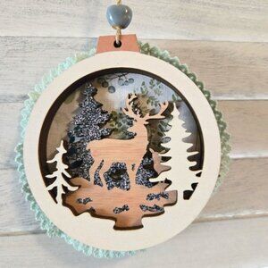 NWT Deer Buck Wood Ornament Woodland Trees Fabric Lace Christmas Holiday Decor